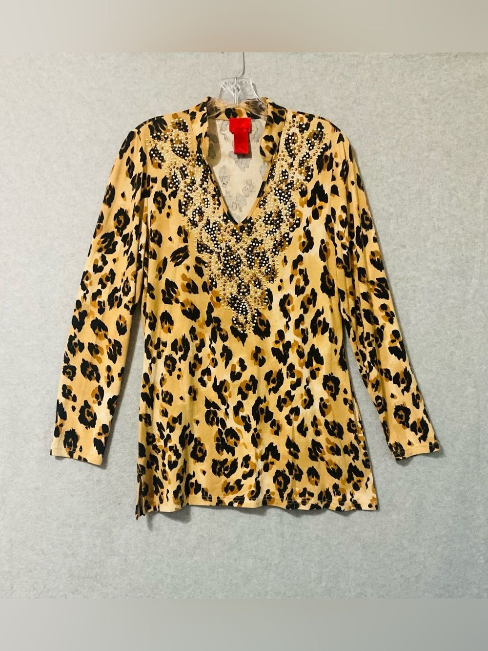 V Christina Leopard Print Long Sleeve Blouse with Jeweled V-Neck Sz S